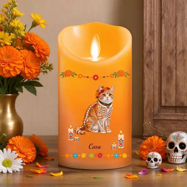 Cuando me extrañes, recuerda que estoy aquí, foto de mascota estilo caricatura para Día de Muertos – Vela LED personalizada
