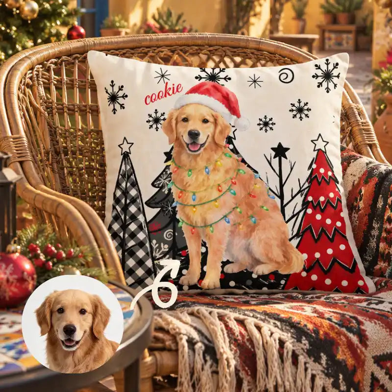 Foto personalizada de mascota estilo acuarela navideña, decoración invernal y regalo de Navidad – Cojín personalizado