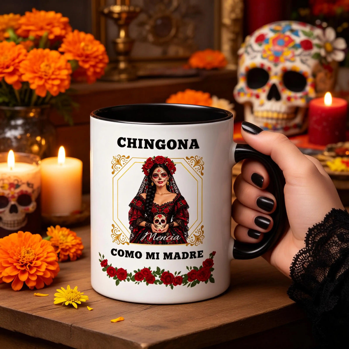 Chingona como mi madre, foto estilo La Catrina para Día de Muertos y nombre personalizados – Taza personalizada