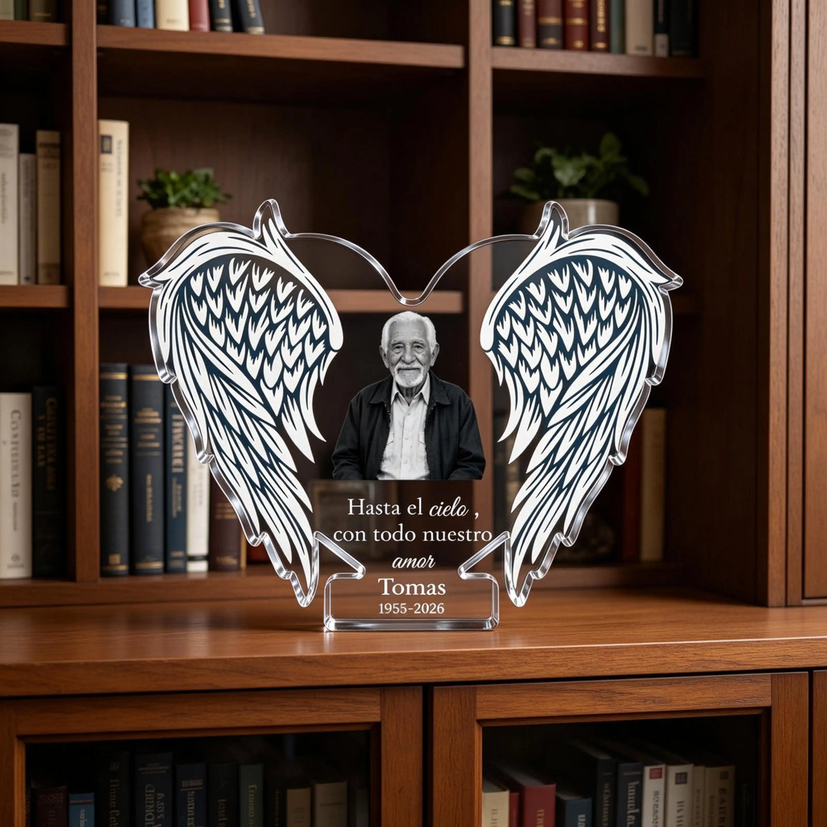 Homenaje conmemorativo, alas de ángel y nombre personalizado – Placa de acrílico con forma especial personalizada