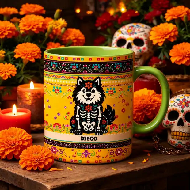 Retrato personalizado de mascota para Día de Muertos, perro o gato sentado, regalo único para dueños de mascotas – Taza de cerámica personalizada