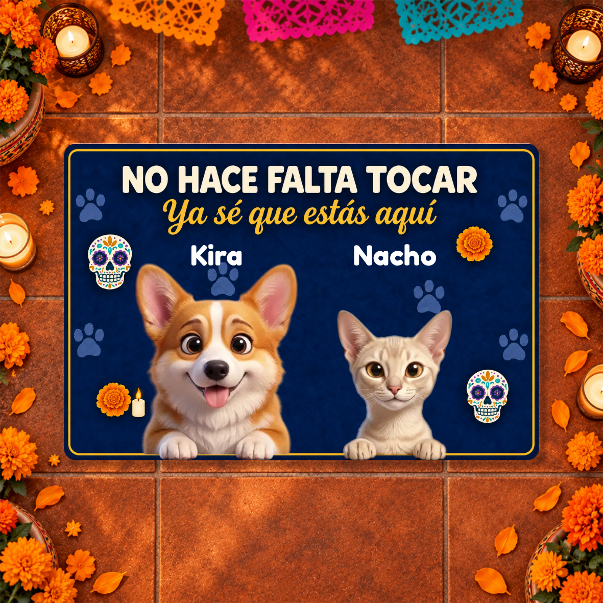No hace falta tocar, ya sé que estás aquí, mascota estilo caricatura y nombre personalizados con temática de Día de Muertos – Tapete personalizado