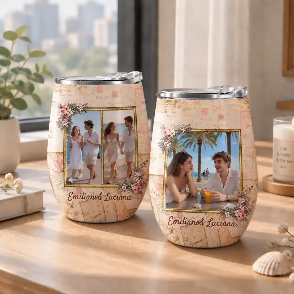 Amor de estilo vintage con fotos y una fecha especial para tu pareja – Vaso térmico para vino personalizado