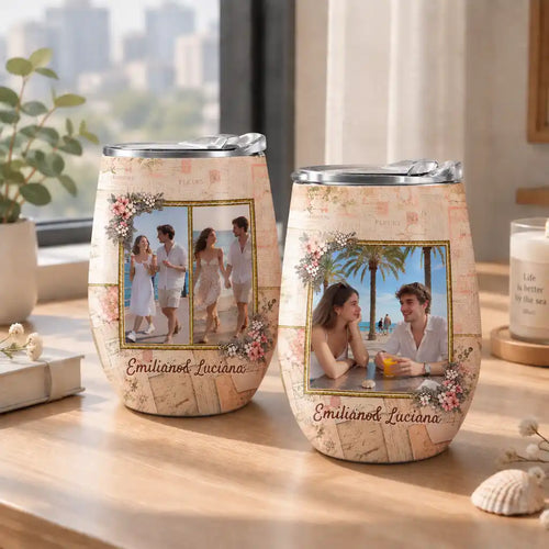 Amor de estilo vintage con fotos y una fecha especial para tu pareja – Vaso térmico para vino personalizado