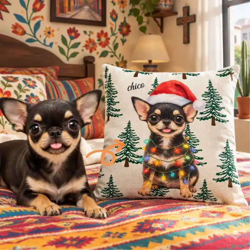 Foto personalizada de mascota estilo acuarela navideña, decoración invernal y regalo de Navidad – Cojín personalizado