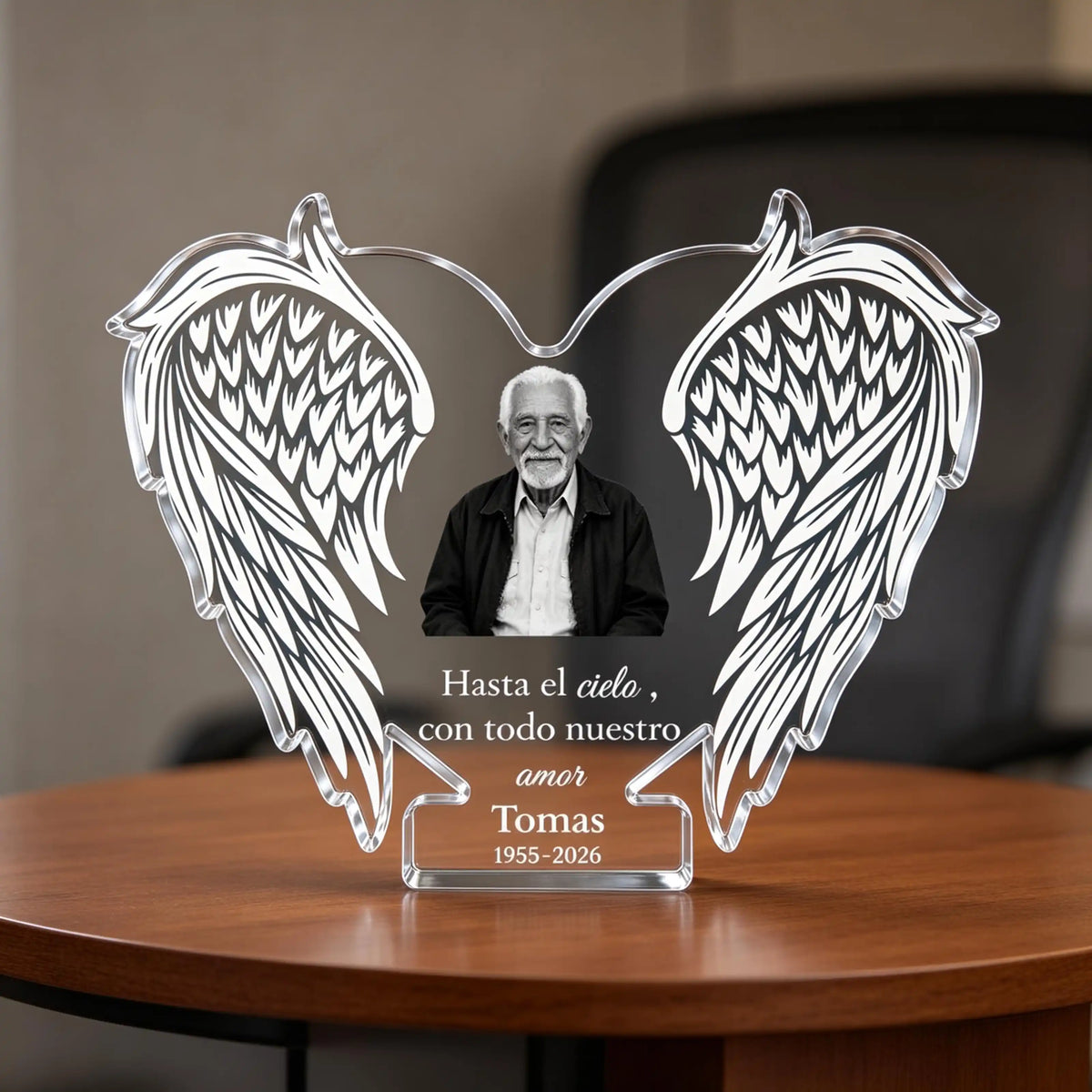 Homenaje conmemorativo, alas de ángel y nombre personalizado – Placa de acrílico con forma especial personalizada