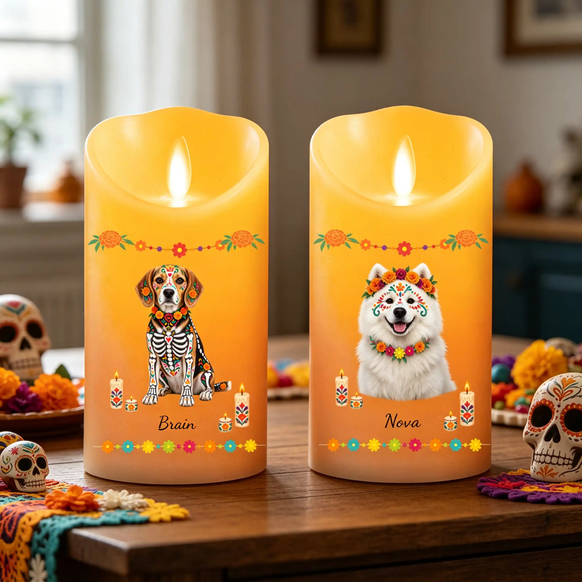 Cuando me extrañes, recuerda que estoy aquí, foto de mascota estilo caricatura para Día de Muertos – Vela LED personalizada