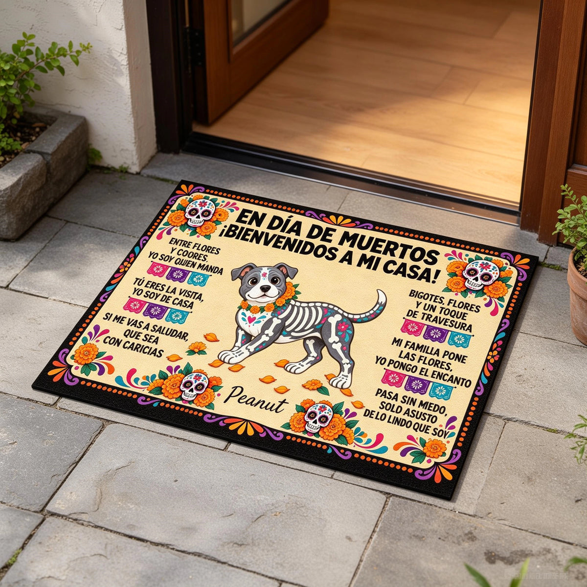 Bienvenidos a mi casa en Día de Muertos, mascota personalizada de Día de Muertos – Tapete personalizado