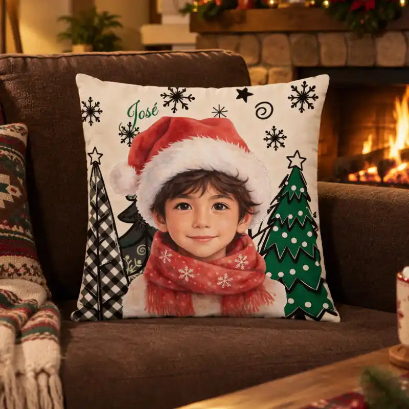 Foto personalizada estilo acuarela navideña, regalo de Navidad para niños – Cojín personalizado