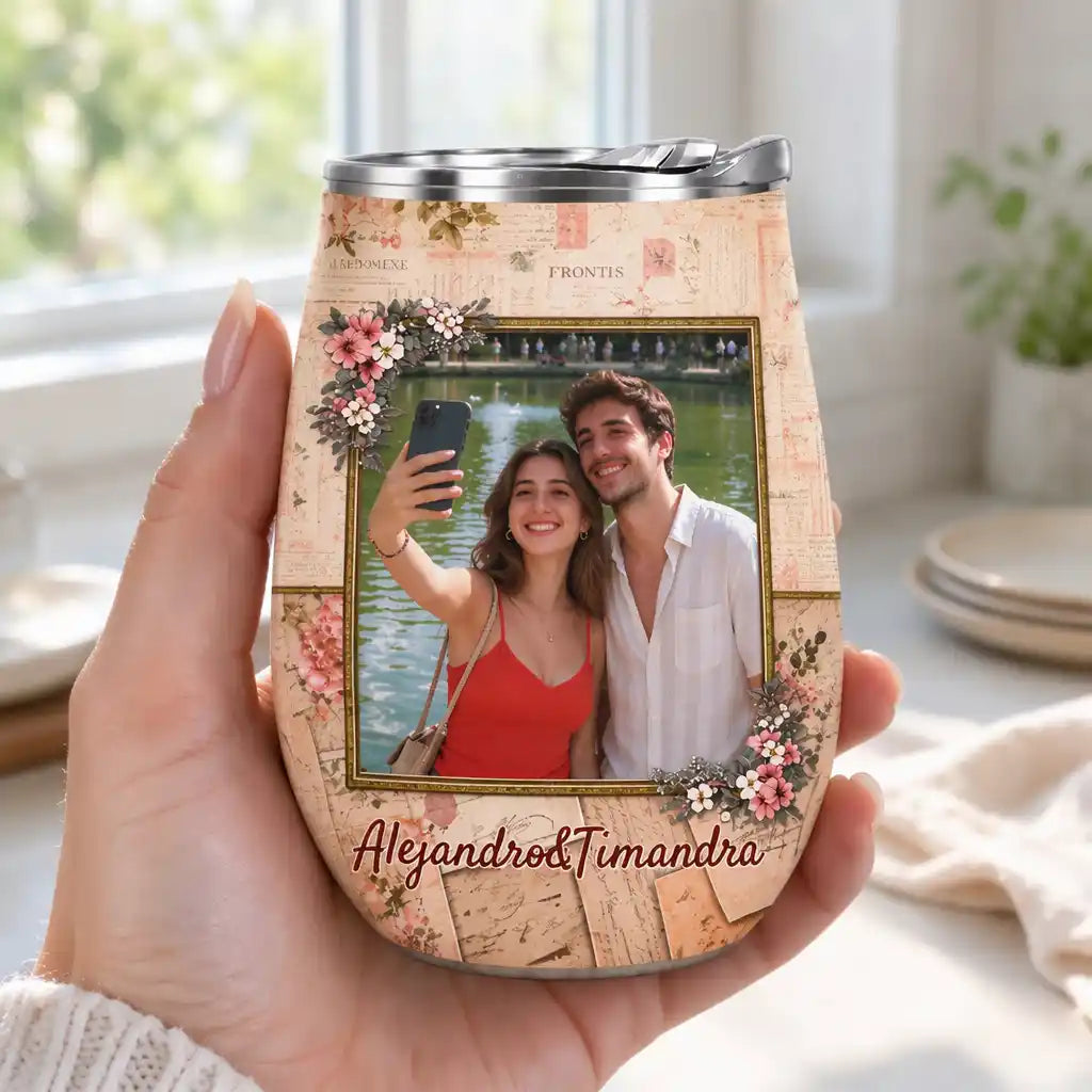 Amor de estilo vintage con fotos y una fecha especial para tu pareja – Vaso térmico para vino personalizado