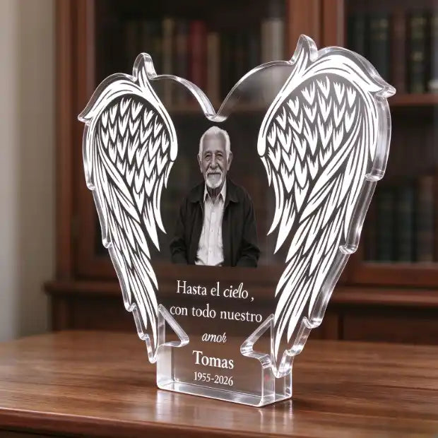 Homenaje conmemorativo, alas de ángel y nombre personalizado – Placa de acrílico con forma especial personalizada