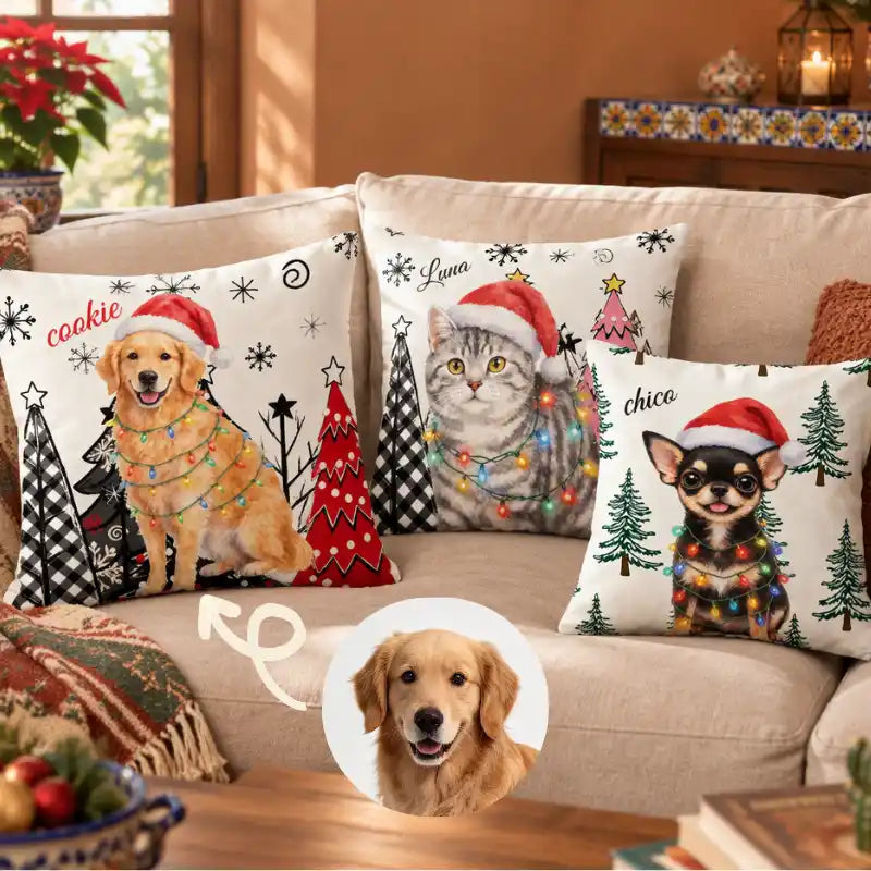 Foto personalizada de mascota estilo acuarela navideña, decoración invernal y regalo de Navidad – Cojín personalizado