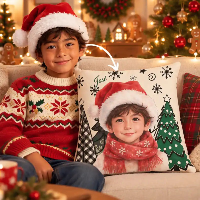 Foto personalizada estilo acuarela navideña, regalo de Navidad para niños – Cojín personalizado