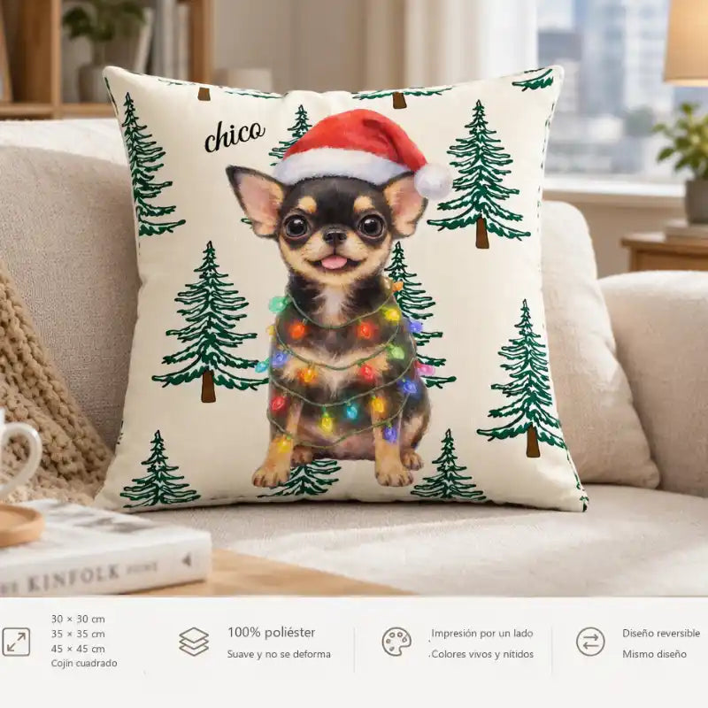 Foto personalizada de mascota estilo acuarela navideña, decoración invernal y regalo de Navidad – Cojín personalizado