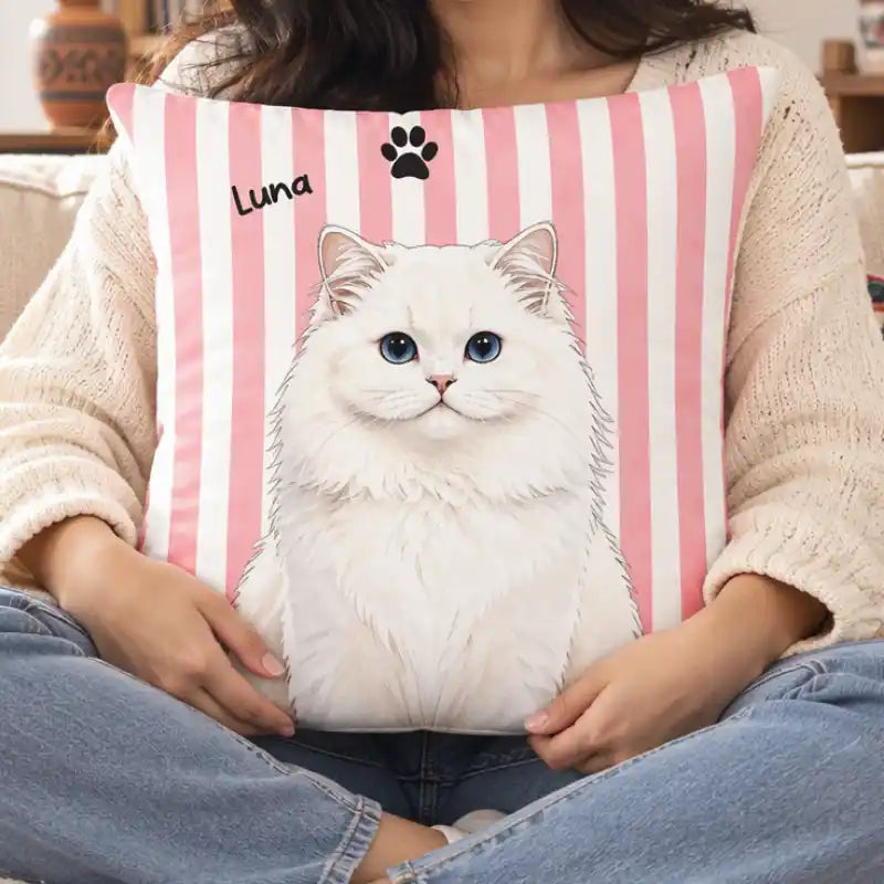 Ilustración personalizada de mascota en acuarela, diseño a rayas – Cojín personalizado