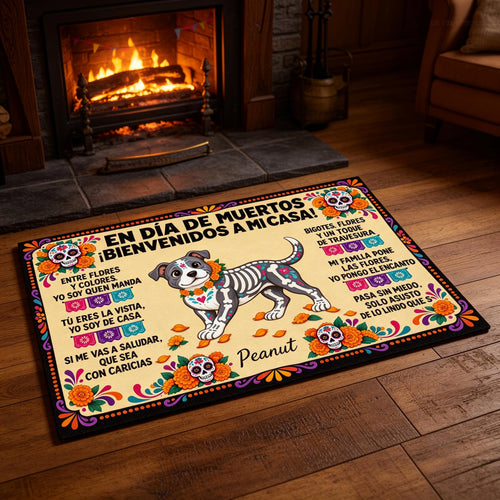 Bienvenidos a mi casa en Día de Muertos, mascota personalizada de Día de Muertos – Tapete personalizado