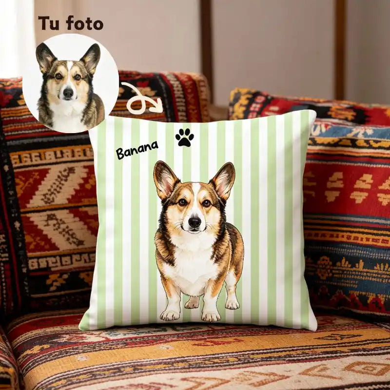 Ilustración personalizada de mascota en acuarela, diseño a rayas – Cojín personalizado