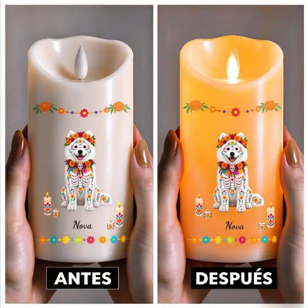 Cuando me extrañes, recuerda que estoy aquí, foto de mascota estilo caricatura para Día de Muertos – Vela LED personalizada