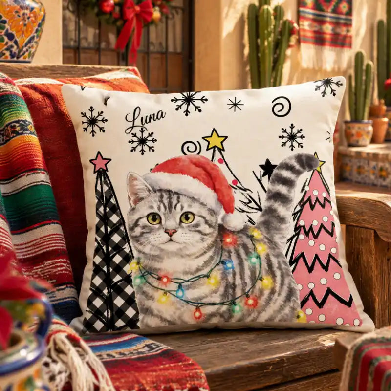 Foto personalizada de mascota estilo acuarela navideña, decoración invernal y regalo de Navidad – Cojín personalizado