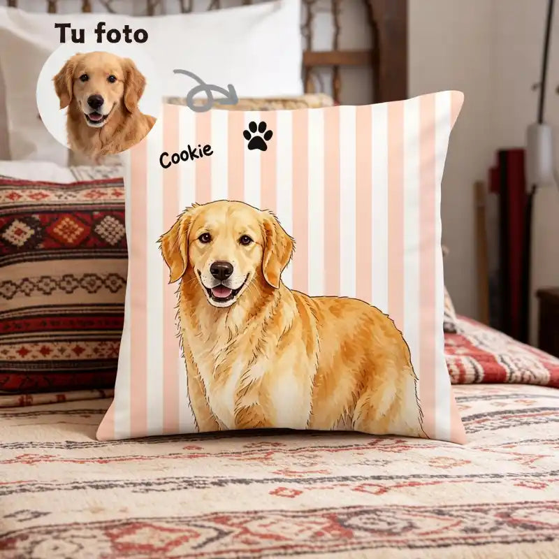 Ilustración personalizada de mascota en acuarela, diseño a rayas – Cojín personalizado