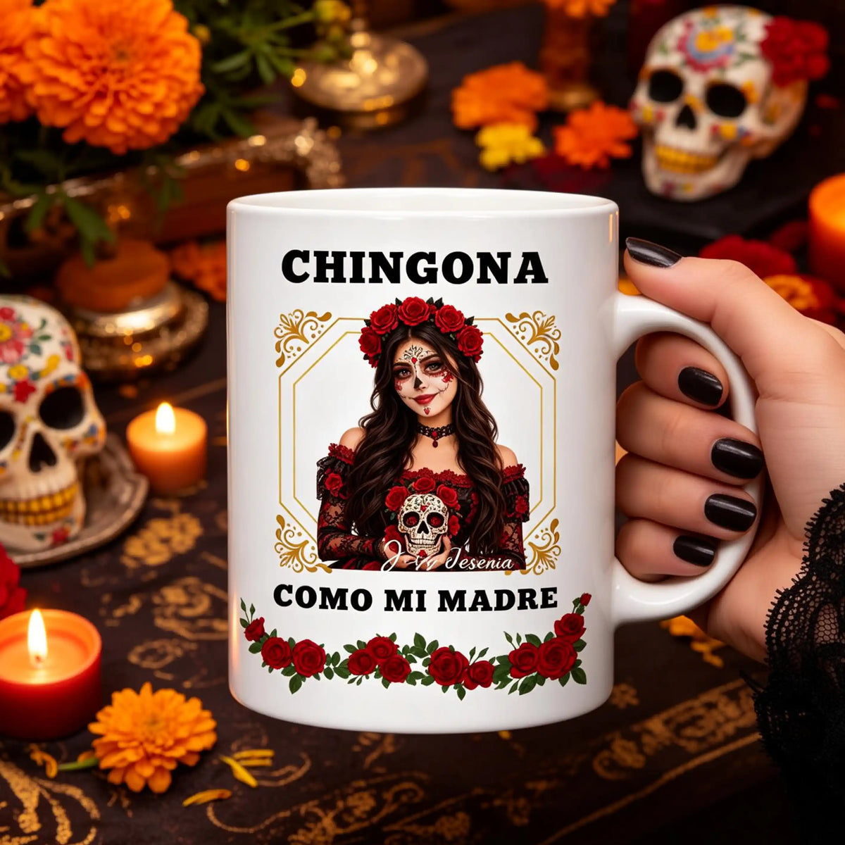 Chingona como mi madre, foto estilo La Catrina para Día de Muertos y nombre personalizados – Taza personalizada