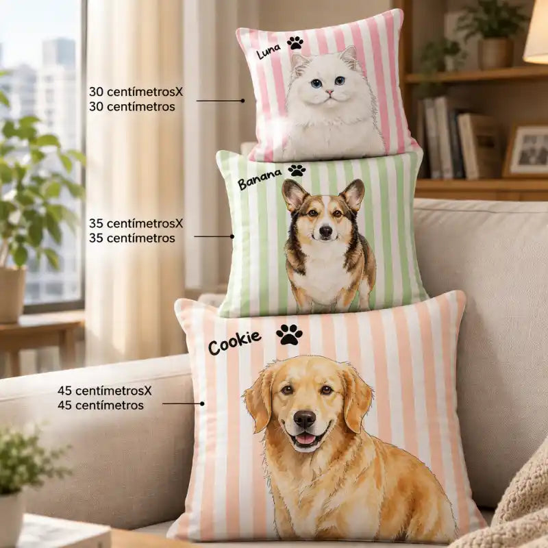 Ilustración personalizada de mascota en acuarela, diseño a rayas – Cojín personalizado