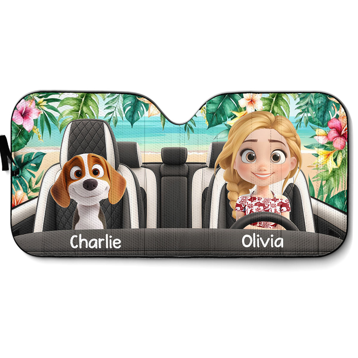 Protector solar personalizado para auto con perro en verano