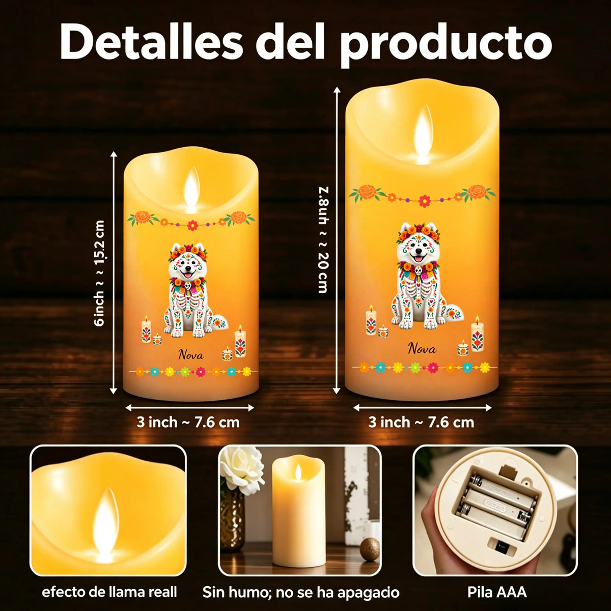 Cuando me extrañes, recuerda que estoy aquí, foto de mascota estilo caricatura para Día de Muertos – Vela LED personalizada