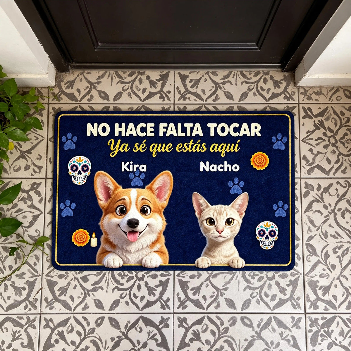 No hace falta tocar, ya sé que estás aquí, mascota estilo caricatura y nombre personalizados con temática de Día de Muertos – Tapete personalizado