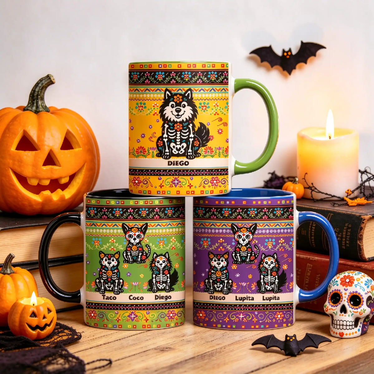 Retrato personalizado de mascota para Día de Muertos, perro o gato sentado, regalo único para dueños de mascotas – Taza de cerámica personalizada