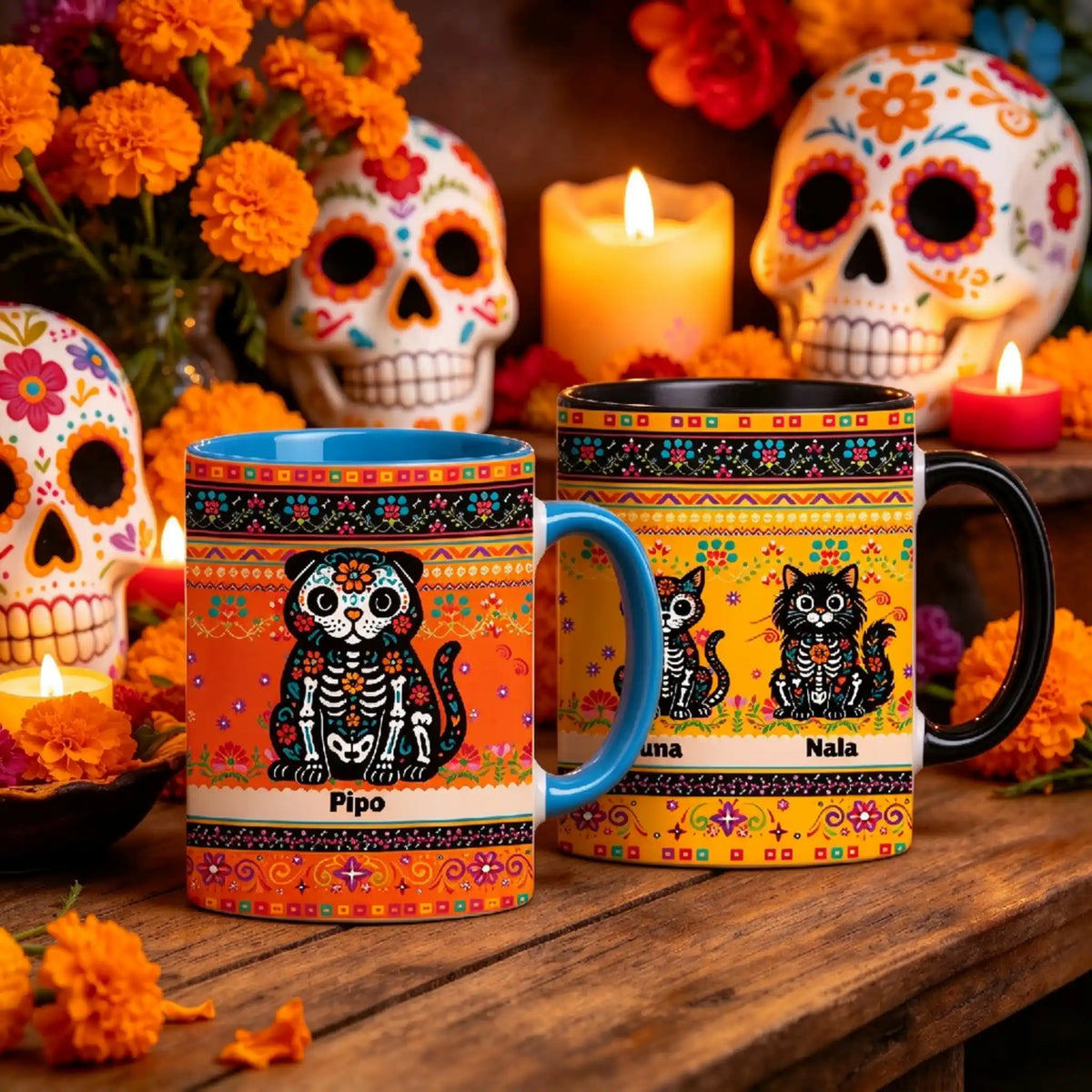 Retrato personalizado de mascota para Día de Muertos, perro o gato sentado, regalo único para dueños de mascotas – Taza de cerámica personalizada