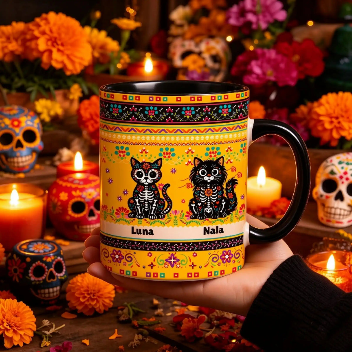 Retrato personalizado de mascota para Día de Muertos, perro o gato sentado, regalo único para dueños de mascotas – Taza de cerámica personalizada