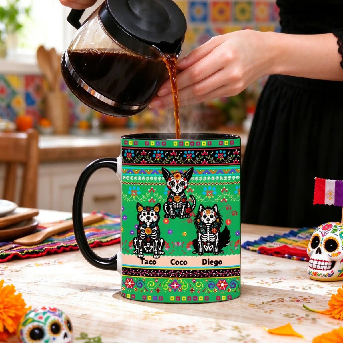 Retrato personalizado de mascota para Día de Muertos, perro o gato sentado, regalo único para dueños de mascotas – Taza de cerámica personalizada