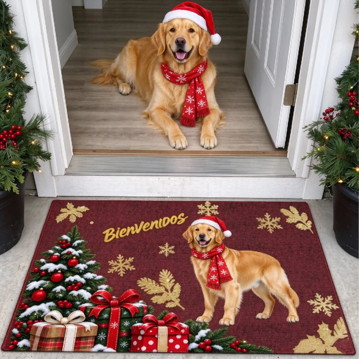 Retrato personalizado de mascota estilo acuarela navideña, decoración para la entrada del hogar – Alfombra personalizada