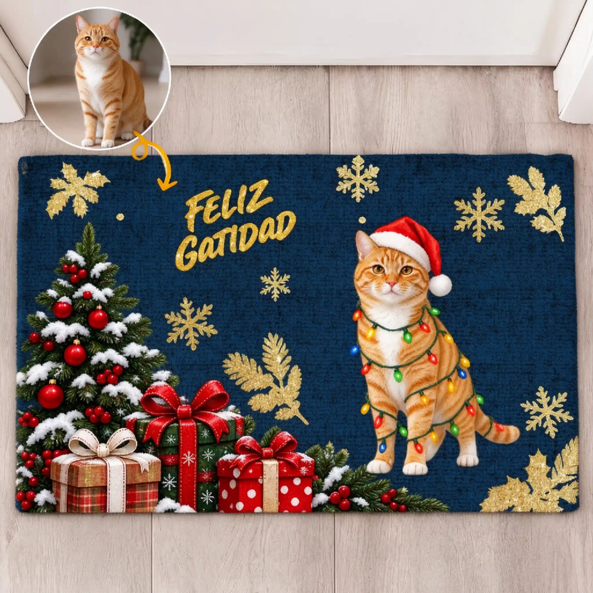 Retrato personalizado de mascota estilo acuarela navideña, decoración para la entrada del hogar – Alfombra personalizada