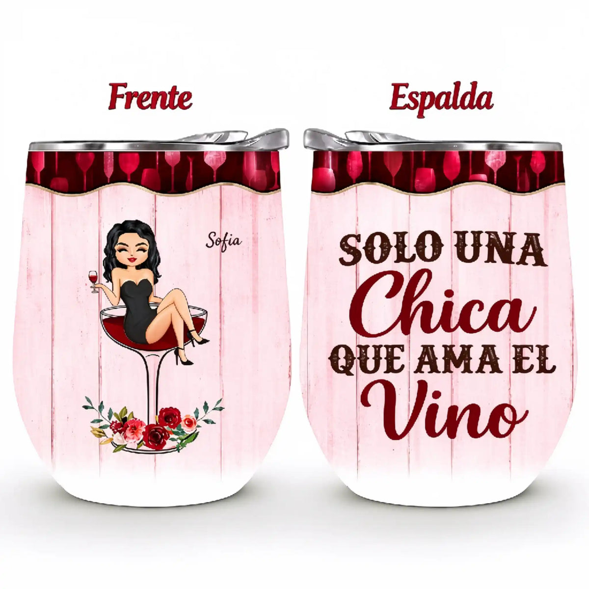 Entre risas y vino, con tu nombre y personaje – Regalo para amantes del vino – Vaso térmico personalizado