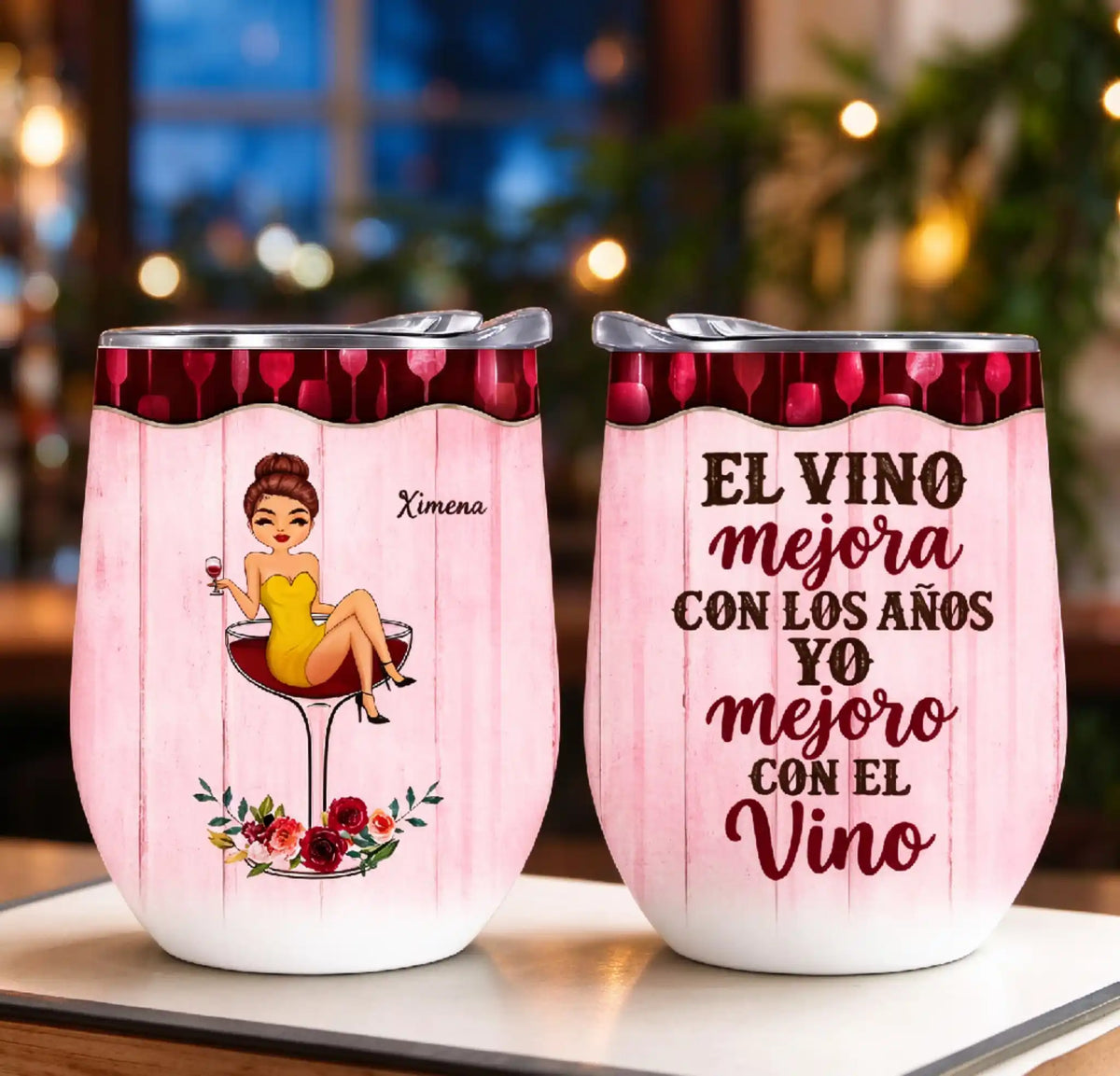 Entre risas y vino, con tu nombre y personaje – Regalo para amantes del vino – Vaso térmico personalizado