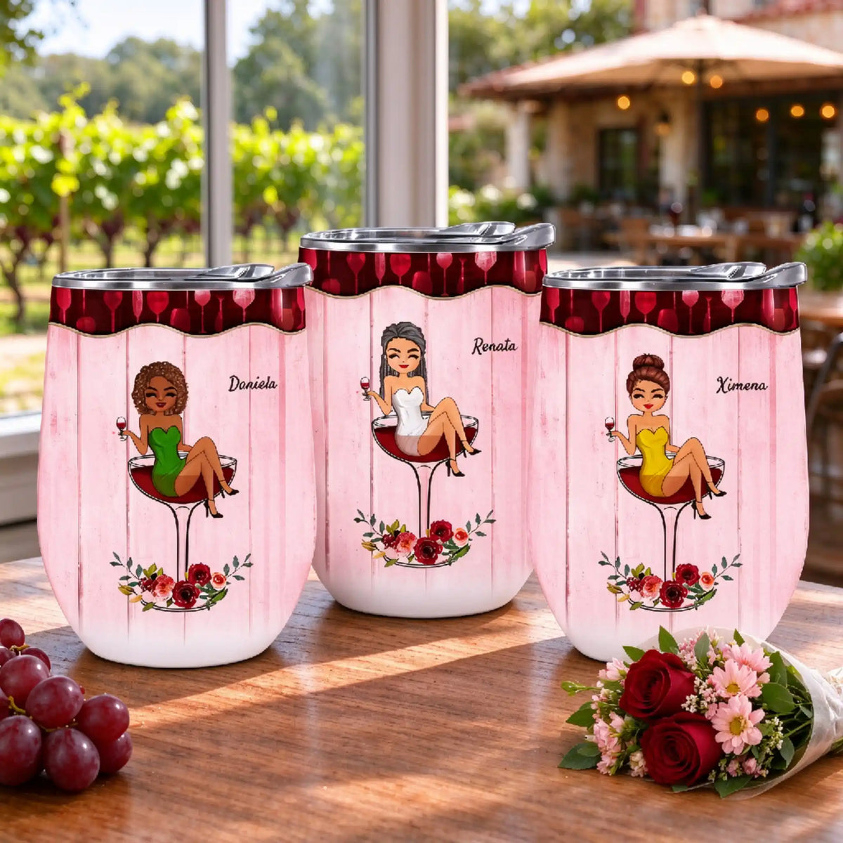 Entre risas y vino, con tu nombre y personaje – Regalo para amantes del vino – Vaso térmico personalizado
