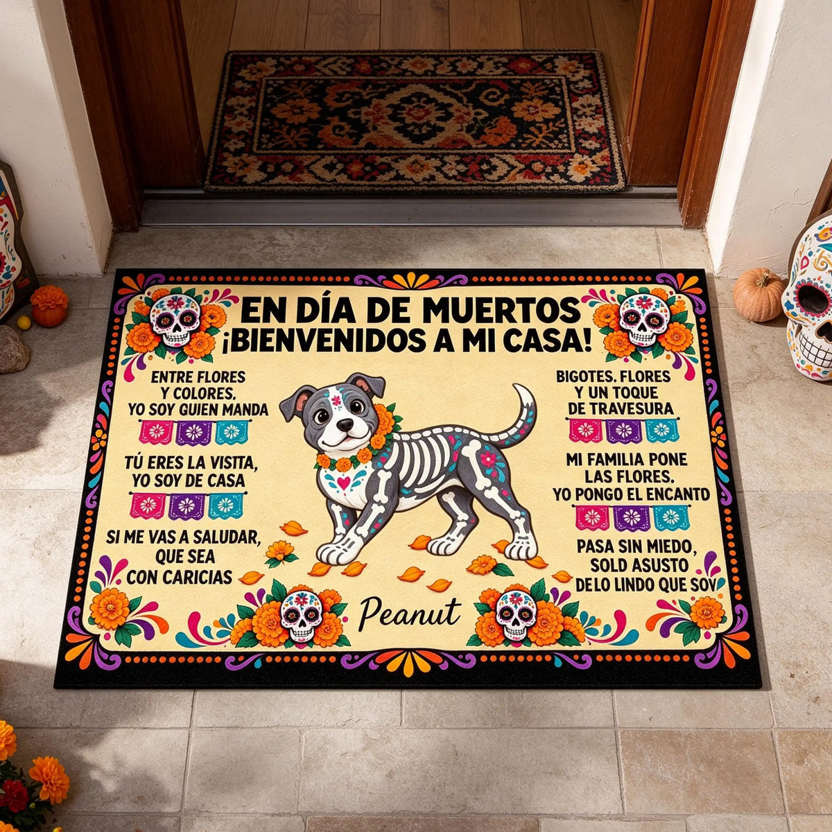 Bienvenidos a mi casa en Día de Muertos, mascota personalizada de Día de Muertos – Tapete personalizado