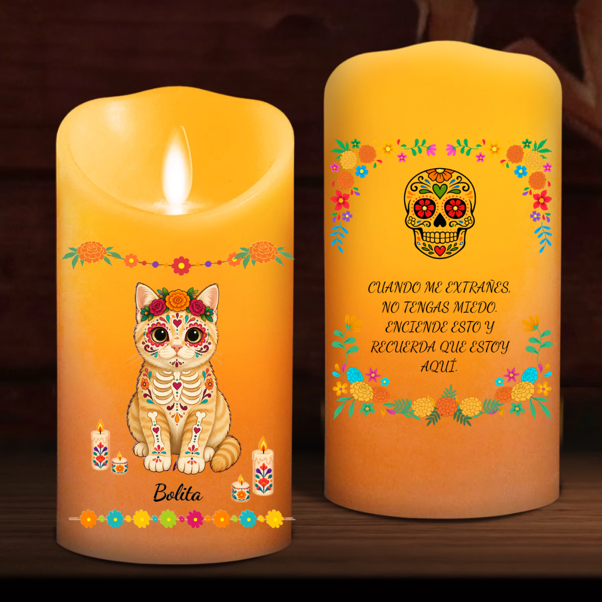 Cuando me extrañes, recuerda que estoy aquí, foto de mascota estilo caricatura para Día de Muertos – Vela LED personalizada
